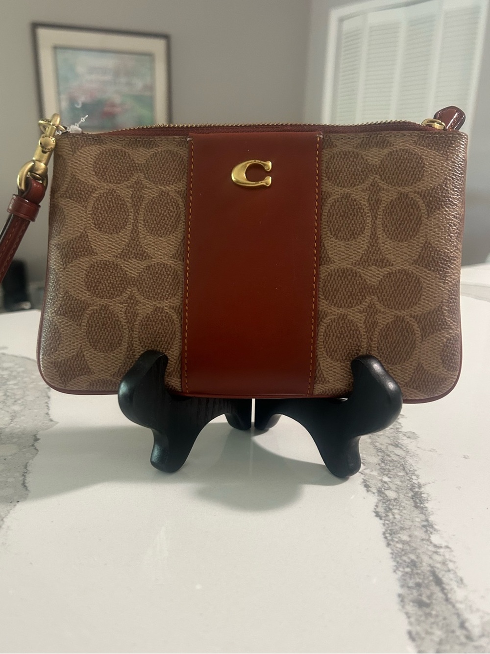 EUC Coach Essential Small Signature Canvas with Gold C Accent Brass/Tan Caramel